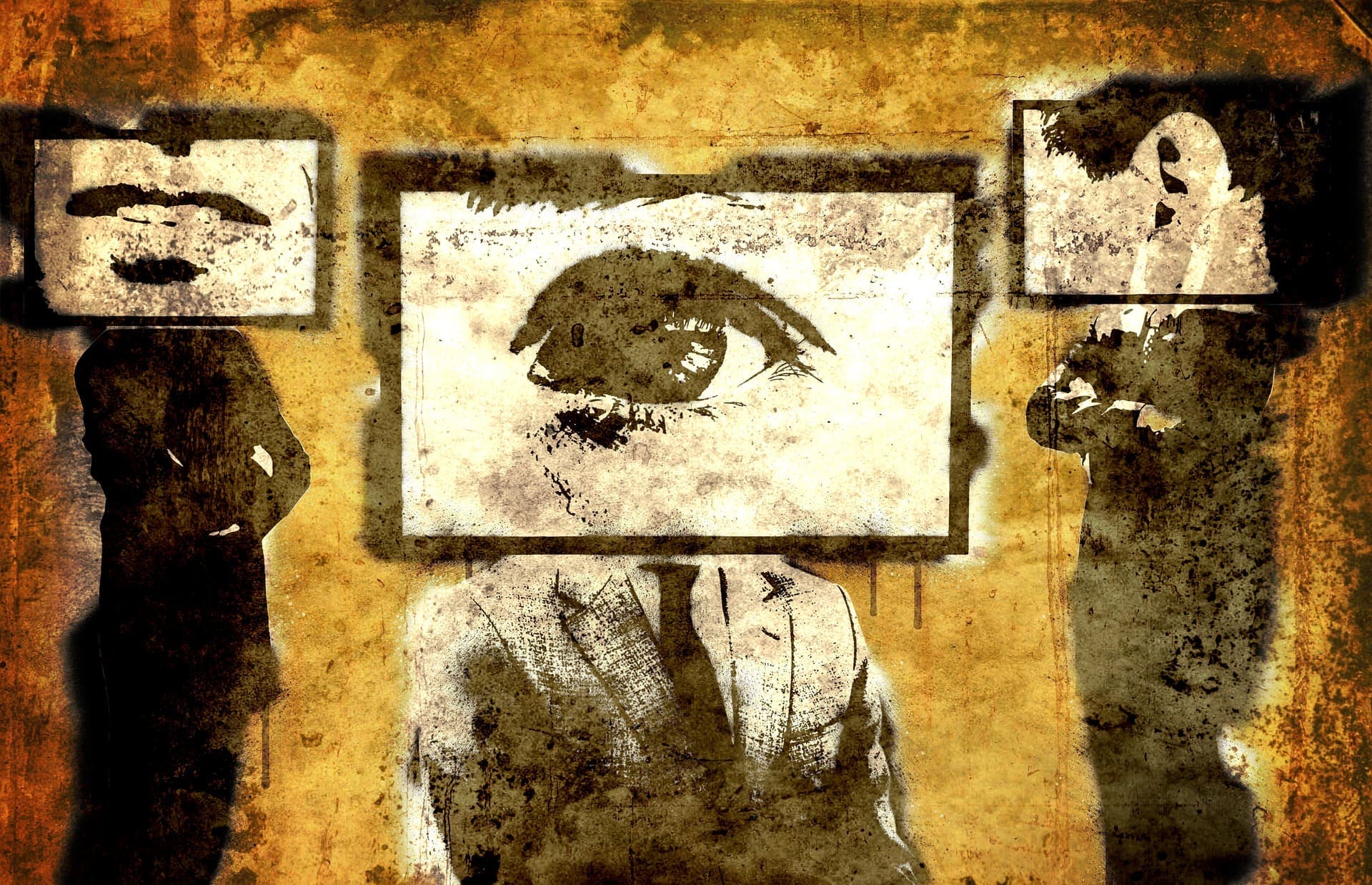 Illustrazione in stile stencil: un grande occhio su un cartellone, osservato da alcune figure